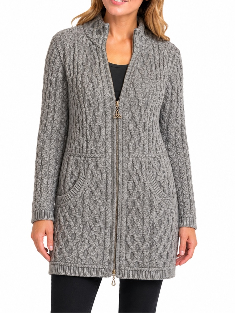 Aran Crafts Ireland Merino Wool Gray Cable Knit Full Zip Long Cardigan Medium